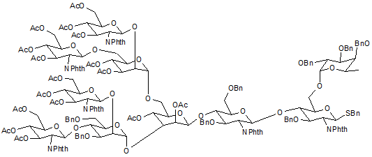 Benzyl 4-O-<sup>4-O-[[2-4-di-O-acetyl-3-O-[2-4-di-O-(3-4-6-tri-O-acetyl-2-deoxy-2-phthalimido-β-D-glucopyranosyl)-3-6-di-O-benzyl-α-D-mannopyranosyl]-6-O-[3-4-di-O-acetyl-2-6-di-O-(3-4-6-tri-O-acetyl-2-deoxy-2-phthalimido-β-D-glucopyranosyl)-α-D-mannopyranosyl]-β-D-mannopyranosyl]]-3-6-di-O-benzyl-2-deoxy-2-phthalimido-β-D-glucopyranosyl</sup>-3-O-benzyl-6-O-(tri-O-benzyl-α-L-fucopyranosyl)-2-deoxy-2-phthalimido-β-D-thioglucopyranoside