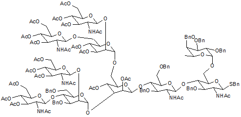 Benzyl 2-acetamido-4-O-<sup>2-acetamido-4-O-[[2-4-Di-O-acetyl-3-O-[2-4-di-O-(2-acetamido-3-4-6-tri-O-acetyl-2-deoxy-β-D-glucopyranosyl)-3-6-di-O-benzyl-α-D-mannopyranosyl]-6-O-[3-4-di-O-acetyl-2-6-di-O-(2-acetamido-3-4-6-tri-O-acetyl-2-deoxy-β-D-glucopyranosyl)-α-D-mannopyranosyl]-β-D-mannopyranosyl]]-3-6-di-O-benzyl-2-deoxy-β-D-glucopyranosyl</sup>-3-O-benzyl-6-O-(tri-O-benzyl-α-L-fucopyranosyl)-2-deoxy-β-D-thioglucopyranoside