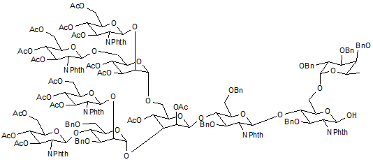 4-O-<sup>4-O-[[2-4-Di-O-acetyl-3-O-[2-4-di-O-(3-4-6-tri-O-acetyl-2-deoxy-2-phthalimido-β-D-glucopyranosyl)-3-6-di-O-benzyl-α-D-mannopyranosyl]-6-O-[3-4-di-O-acetyl-2-6-di-O-(3-4-6-tri-O-acetyl-2-deoxy-2-phthalimido-β-D-glucopyranosyl)-α-D-mannopyranosyl]-β-D-mannopyranosyl]]-3-6-di-O-benzyl-2-deoxy-2-phthalimido-β-D-glucopyranosyl</sup>-3-O-benzyl-6-O-(2-2-4-tri-O-benzyl-α-L-fucopyranosyl)-2-deoxy-2-phthalimido-β-D-glucopyranose
